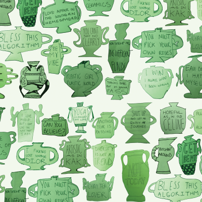 Wallpaper illustration featuring:
- **Green-colored vases and urns**, each with different hand-written phrases.
- Phrases include:
-