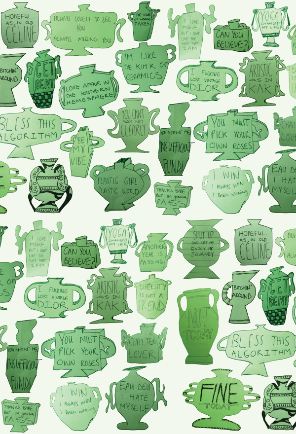 Wallpaper illustration featuring:
- **Green-colored vases and urns**, each with different hand-written phrases.
- Phrases include:
- "Bless this algorithm"
- "I love sap from the freshest tree"
- "Can you believe?"
- "Not today"
- **Background:** Light green
- Design elements: Handwritten text, various shades of green for vases and urns