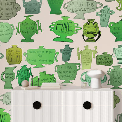 Wallpaper featuring an array of green-colored vases and ceramics with phrases including