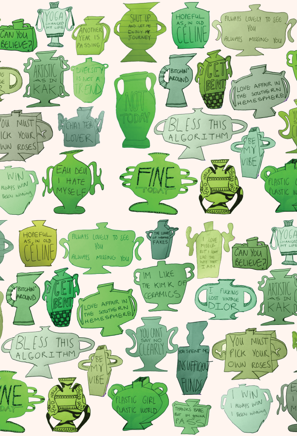 Patterned wallpaper featuring numerous green and grey urns with quirky phrases like "Not Today," "Shut Up," "Get Better," and "Life is Suffering." Urns vary in shape and size, creating a whimsical design. Key elements: green urns, grey urns, humorous phrases. Colors: green, grey.