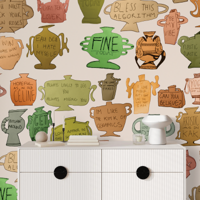 Vibrant, whimsical wallpaper with colorful hand-drawn vases. Comical and motivational quotes adorn the vases. Bright hues and playful designs dominate the aesthetic. Elements: hand-drawn vases, comical quotes, motivational quotes, vibrant colors.