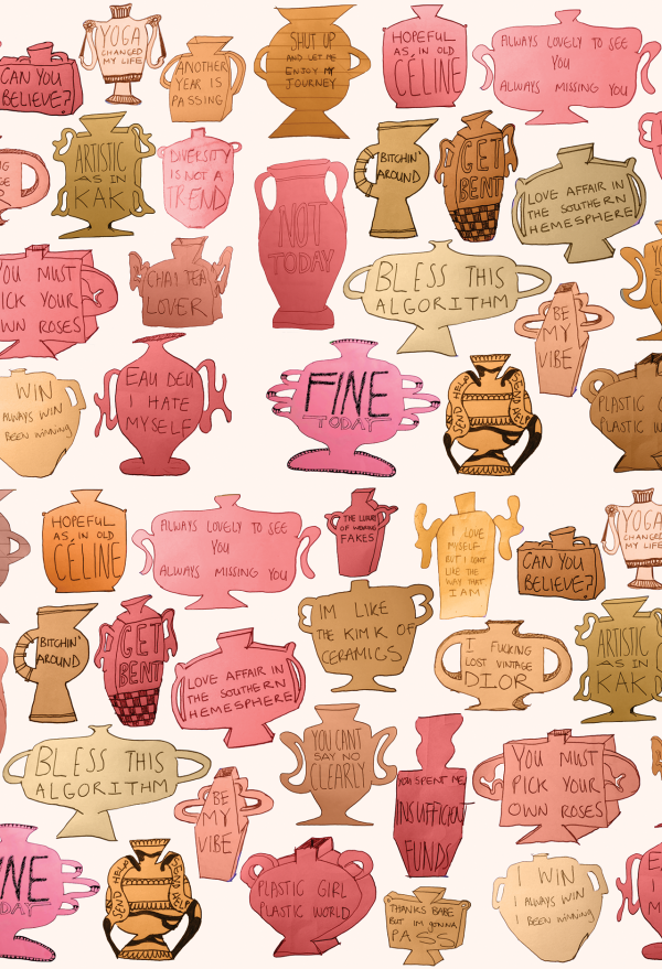 Hand-drawn wallpaper featuring colorful urns and pottery adorned with quirky and humorous phrases. Background color: light beige. Urn and pottery colors range from pink to brown. Text on items includes sayings like "Bless this algorithm," "Can you believe?" and "Not today.