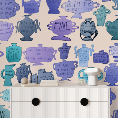 Cream-colored wallpaper with blue and purple ceramic vases illustrations, each featuring humorous and quirky text phrases.