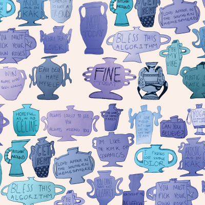 Wallpaper design featuring:
- Whimsical vases
- Speech bubbles with phrases:
-