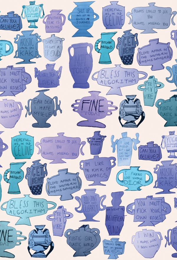 Wallpaper design featuring:

- Whimsical vases
- Speech bubbles with phrases:
   - "CAN YOU BELIEVE"
   - "I CAME OUT ALIVE"
   - "BLESS THIS ALGORITHM"
- Alternating background shades:
   - Blue
   - Purple
   - Pink
