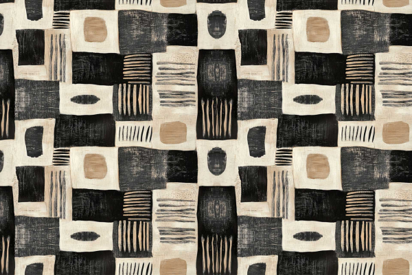 The **Acting Up** wallpaper design features a sophisticated interplay of geometric shapes, predominantly rectangles, squares, and circles, rendered in a monochromatic palette of black, beige, and white. This eclectic mix results in a compelling modern art piece that commands attention. Each shape boasts varied textures and line styles – some filled with dense patterns while others remain starkly minimalistic – creating a dynamic visual rhythm.

The shapes are meticulously arranged in a repeating symmetrical grid which gives the pattern its structural integrity while simultaneously conveying an energetic flair that feels almost rebellious. The juxtaposition of calm beige with bold black and clean white accents adds depth to the overall look, making it versatile enough for various interior aesthetics.

Overall, the **Acting Up** wallpaper stands out for its harmonious blend of orderly repetition and invigorating unpredictability spun through geometric form and nuanced color work.