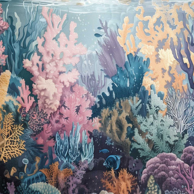 Wallpaper featuring a vibrant underwater scene with colorful corals in shades of pink, purple, yellow, and blue. Dynamic composition with small fish swimming among the corals. Showcases the beauty of a thriving coral reef ecosystem. Ideal for those searching for vibrant underwater scenery and diverse marine life scenes.