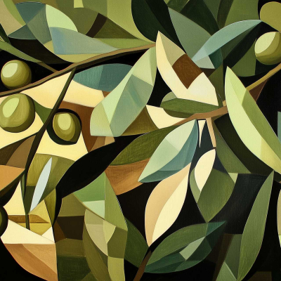 The wallpaper showcases an abstract painting characterized by geometric shapes and vibrant colors to depict olive branches with fruit. Overlapping leaves in diverse shades of green blend seamlessly, while olives in hues of yellow and brown add depth. The dynamic, mosaic-like visual effect evokes open spaces, creating a lively and textured background. Rich green tones mix with varying yellows and browns to highlight the intricate arrangement of olive-themed elements in this captivating design.