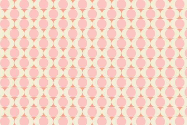 A seamless pattern featuring alternating pink and cream circles aligned in a grid. The pink circles appear to overlay the cream background, creating an optical illusion effect. Retro aesthetics combine with geometric vibes, fresh like an Olive Grove in spring. Key elements: **pink circles**, **cream background**, **grid alignment**, **optical illusion**, **retro geometric design**.