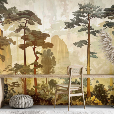A serene wallpaper mural features a vintage forest scene with tall trees and misty mountains. The colors include soft greens, muted blues, and gentle grays, creating a tranquil and nostalgic atmosphere ideal for crafting dramatic performances.