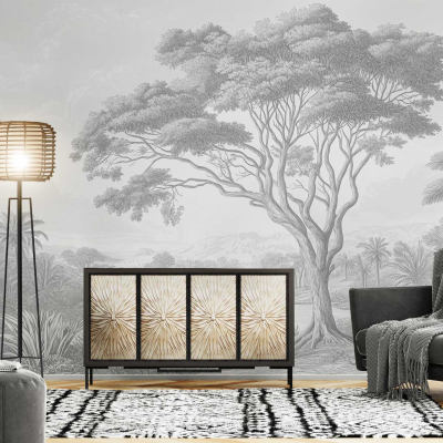 Detailed grayscale nature mural of a serene lake with intricate elements such as trees, water reflections, and gentle waves. Colors include various shades of gray, from light silver to deep charcoal.
