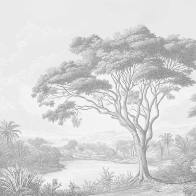 Grayscale illustration: Serene landscape, central large tree with intricate branches, surrounding plants, shrubs, smaller trees. Freedom Lake winds through the scene; mountains in background. Elements: tree details, foliage variety, tranquil lake, distant mountains. Colors: grayscale tones only.