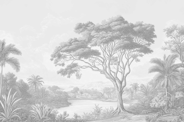 Grayscale illustration: Serene landscape, central large tree with intricate branches, surrounding plants, shrubs, smaller trees. Freedom Lake winds through the scene; mountains in background. Elements: tree details, foliage variety, tranquil lake, distant mountains. Colors: grayscale tones only.