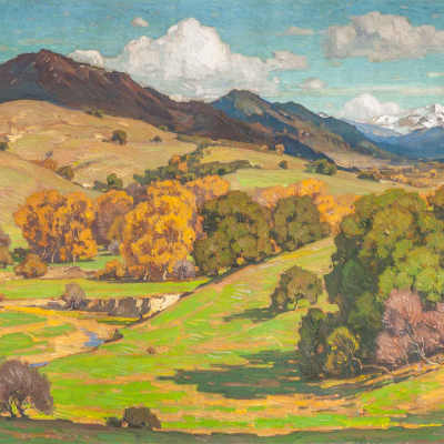 Wallpaper features: vivid landscape, autumn colors, rolling hills, golden and green foliage, scattered trees, meandering stream. Snow-capped mountains in the distance. Cloudy blue sky. Serene scene. Keywords: autumn landscape wallpaper, rolling hills, golden foliage, green leaves, stream, distant mountains.
