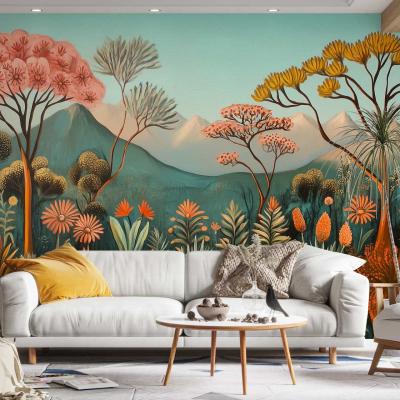 The wallpaper in the modern living room features a vibrant mural with stylized trees, plants, and mountains. It incorporates warm tones like oranges and reds for the foliage, contrasted with cool blues and greens depicting mountains and greenery. The design brings a nature-inspired atmosphere, reminiscent of a theater set backdrop. Key elements include intricate tree branches, lush plant patterns, and mountain silhouettes that blend harmoniously in this picturesque mural.
