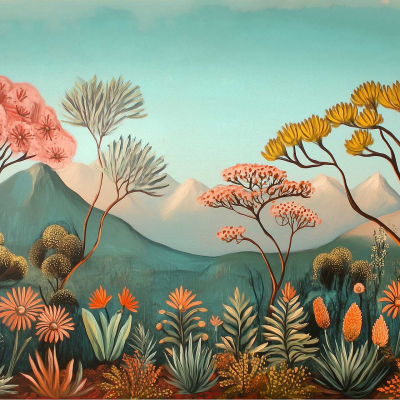 A vibrant landscape wallpaper features distant mountains, turquoise sky, stylized trees with pink, yellow, and green foliage scattered across lush vegetation. Foreground includes large flowers and plants, creating a whimsical and colorful stage-like scene.
