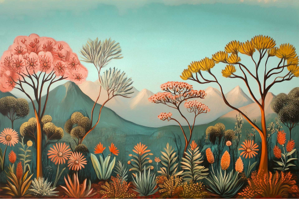 A vibrant landscape wallpaper features distant mountains, turquoise sky, stylized trees with pink, yellow, and green foliage scattered across lush vegetation. Foreground includes large flowers and plants, creating a whimsical and colorful stage-like scene.