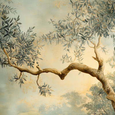 A wallpaper featuring a detailed tree with thick, gnarled branches extending horizontally. The leaves are painted in varied shades of lush green. The background blends soft blue and gold tones, creating a serene and dreamy atmosphere. Elements include tree branches, leaves, and a tranquil background with subtle color transitions.