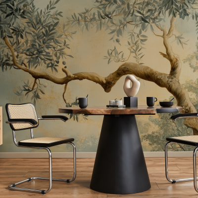 The wallpaper features an intricate tree branch design, showcasing delicate lines and detailed textures. The color palette includes serene shades of greens and subtle browns, creating an artistic and tranquil backdrop.