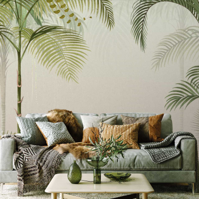 The wallpaper features an Olive Grove mural with large palm leaves, ferns, and colorful butterflies. Elements include lush greenery, tropical foliage, and vibrant insect details. Colors comprise various shades of green from olive to emerald, interspersed with the bright hues of butterfly wings like blue, yellow, and red.