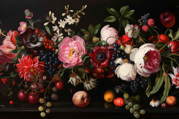 The wallpaper showcases a vibrant floral arrangement, featuring a captivating mix of pink and red roses, accompanied by delicate white blossoms. The floral elements are intertwined with assorted greenery and an array of vividly colored fruits, including rich purple grapes, deep red cherries, luscious strawberries, and crisp apples. This stunning display is set against a dark background that accentuates the opulent lushness reminiscent of North Africa. The overall palette combines bold reds and pinks with striking whites and various shades of green, creating a lush and luxurious ambiance in any space.
