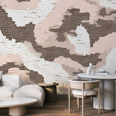 Modern living and dining area features textured camouflage-pattern wall art in beige, brown, and white hues.