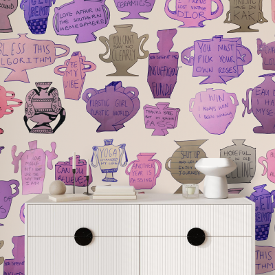 Colorful, illustrated wallpaper featuring a whimsical collage with pink, purple, and beige urns. Sayings include