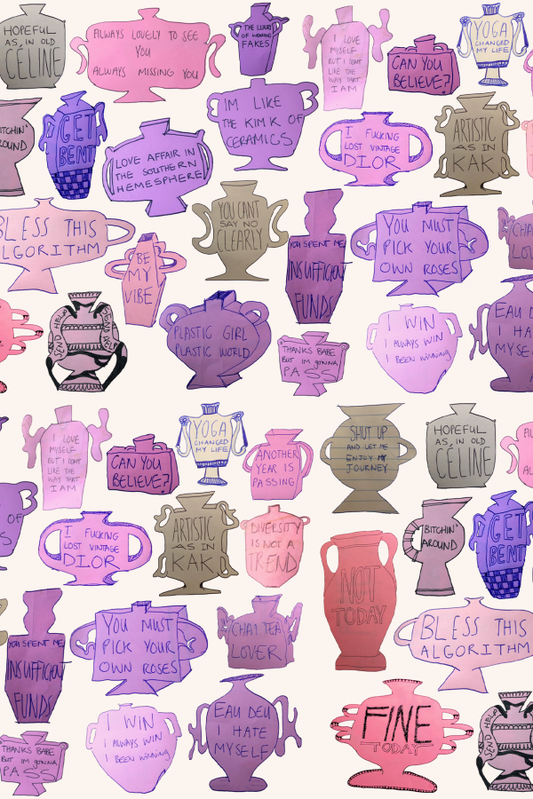 Wallpaper features a vibrant collage of illustrated trophies and vases in shades of purple, pink, and brown. Each trophy or vase includes humorous text such as "BLESS THIS ALGORITHM," "PLASTIC GIRL IN A PLASTIC WORLD," and "YOU MUST PICK YOUR OWN ROSES." The background is white.