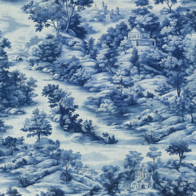 A detailed pastoral scene on a toile print wallpaper in shades of blue. The design features elegant country houses surrounded by trees and rolling hills. Weeping willows are scattered throughout the tranquil, rural landscape, enhancing the serene atmosphere. All elements, including houses, trees, hills, and natural details like the weeping willows, are rendered exclusively in varying tones of blue for a cohesive and calming aesthetic.