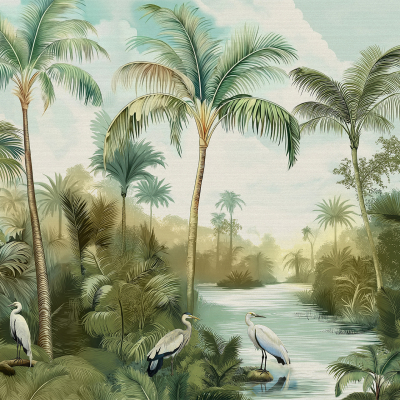 Illustration of a lush tropical landscape featuring tall palm trees and various greenery alongside a flowing river. Four white birds with long necks and legs are perched near the water, evoking the serenity of a Toile Tale. The wallpaper highlights elements like verdant foliage, serene water bodies, soft white birds contrasting against green hues, and intricate detailing that creates an idyllic natural ambiance. Rich shades of green, touches of brown for tree trunks, and splashes of blue for the river dominate the color palette.