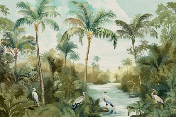 Illustration of a lush tropical landscape featuring tall palm trees and various greenery alongside a flowing river. Four white birds with long necks and legs are perched near the water, evoking the serenity of a Toile Tale. The wallpaper highlights elements like verdant foliage, serene water bodies, soft white birds contrasting against green hues, and intricate detailing that creates an idyllic natural ambiance. Rich shades of green, touches of brown for tree trunks, and splashes of blue for the river dominate the color palette.