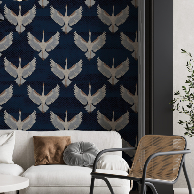 Dark blue accent wall with a white crane pattern.