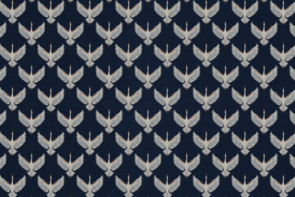 The wallpaper features a repeating pattern of white birds with spread wings and long, pointed beaks. These birds are evenly spaced on a dark blue background, creating a symmetrical, tiled appearance. The colors include white for the birds and dark blue for the background, emphasizing uniform elegance.