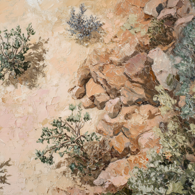 Textured wallpaper depicts jagged rocks, sparse green vegetation. Features earthy tones, contrasting pale sandy ground, intricate detail in a dry, arid environment.