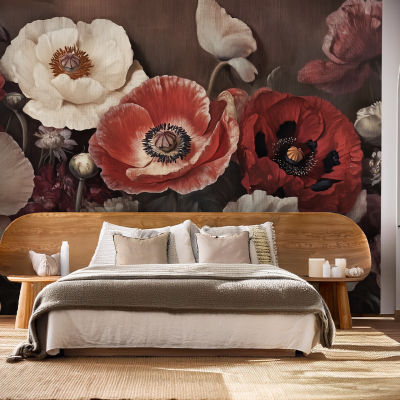 Large floral mural, red poppies, white poppies, Coral Moon backdrop.