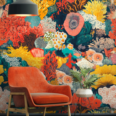 A vibrant, tropical-themed mural features a colorful coral reef with vivid hues of blues, purples, oranges, and greens. The design includes various marine life such as fish and corals that bring the underwater scene to life. This dynamic wallpaper creates an inspiring backdrop for the room.