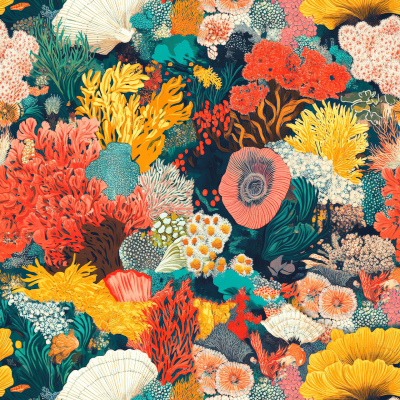 A vibrant wallpaper showcases an intricate coral reef teeming with marine life. Corals in hues of orange, yellow, pink, and green create a rich tapestry. Diverse fish, starfish, and sea anemones weave throughout the scene, celebrating underwater biodiversity.