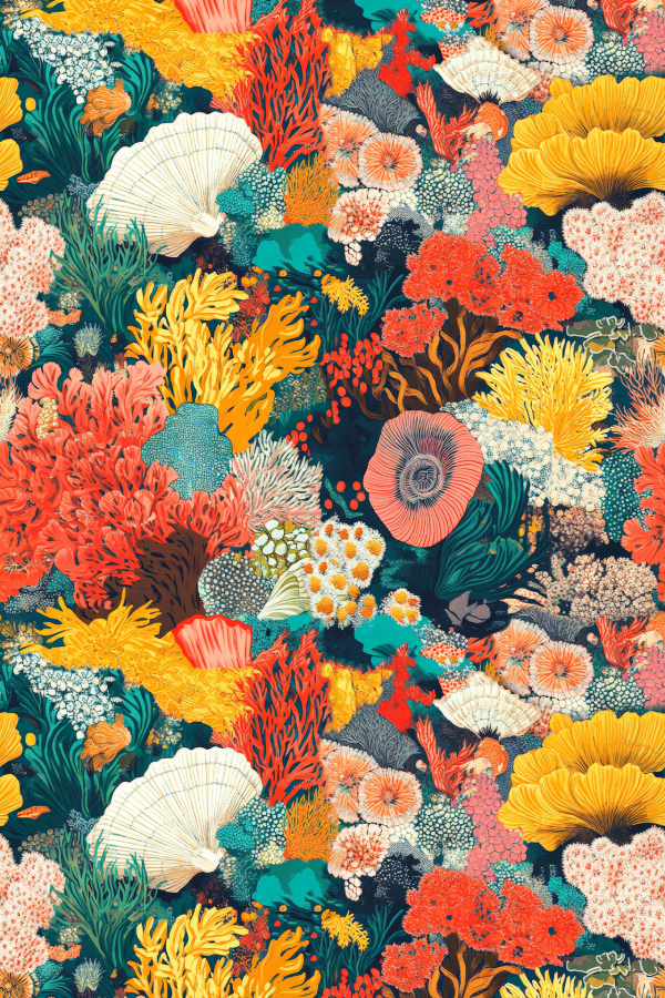 A vibrant wallpaper showcases an intricate coral reef teeming with marine life. Corals in hues of orange, yellow, pink, and green create a rich tapestry. Diverse fish, starfish, and sea anemones weave throughout the scene, celebrating underwater biodiversity.