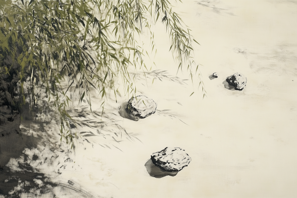 A monochromatic wallpaper captures a tranquil scene with three rocks resting on a sandy surface, partially shaded by delicate, overhanging branches. The muted tones and minimalist design evoke calm and natural beauty. Keywords: monochrome, tranquil scene, rocks, sandy surface, overhanging branches, minimalistic atmosphere.