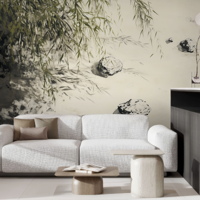 Black and white abstract wall design featuring artistic brush strokes. The wallpaper includes bold black lines and soft white spaces, creating a dynamic, modern aesthetic.
