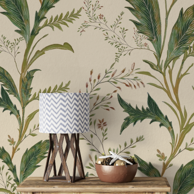 Botanical wallpaper features green leaves and delicate branches, enhancing the bohemian, natural aesthetic with its intricate plant motifs. The color palette includes various shades of green against a neutral background, establishing a serene and earthy ambiance.