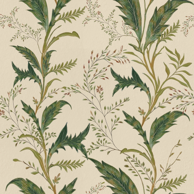 Wallpaper Description:
A botanical illustration wallpaper featuring tall, green leafy stems with intricate details and small branches. Delicate red flowers add vibrant touches. The background is subtle beige, enhancing the natural elegance of the foliage and floral design. Elements: green stems, intricate leaves, small branches, delicate red flowers. Colors: green, red, beige.