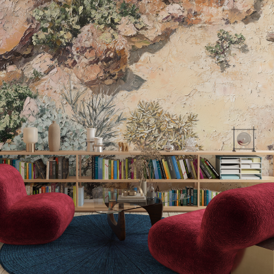 The wallpaper in the reading nook features a detailed botanical mural. It showcases intricate flora with lush green leaves, delicate branches, and vibrant blooms in hues of pink, lavender, and white. The background is a soft cream color that highlights the vibrant botanical illustrations.