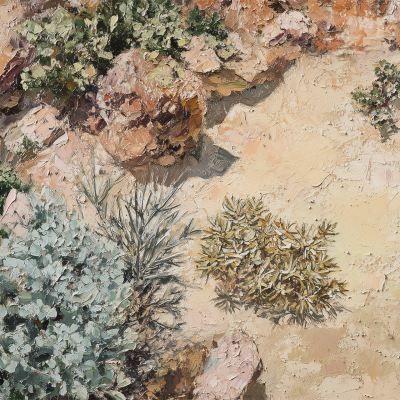 Wallpaper showcases a detailed desert landscape featuring green and yellow shrubs, small bushes, and scattered rocks. The sandy ground is textured with earthy tones of beige and brown. Vibrant colors highlight the arid vegetation against muted background hues. Elements include: desert, shrubs, bushes, rocks, sandy ground, green and yellow foliage, earthy beige and brown tones.