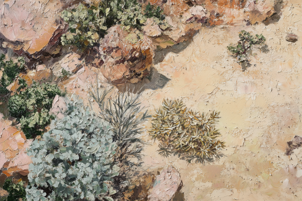 Wallpaper showcases a detailed desert landscape featuring green and yellow shrubs, small bushes, and scattered rocks. The sandy ground is textured with earthy tones of beige and brown. Vibrant colors highlight the arid vegetation against muted background hues. Elements include: desert, shrubs, bushes, rocks, sandy ground, green and yellow foliage, earthy beige and brown tones.
