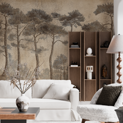 A large mural adorns the wall, featuring tall, slender trees in shades of green, gray, and brown. The exotic forest scene evokes distant, mysterious destinations with its detailed foliage and textured bark patterns.