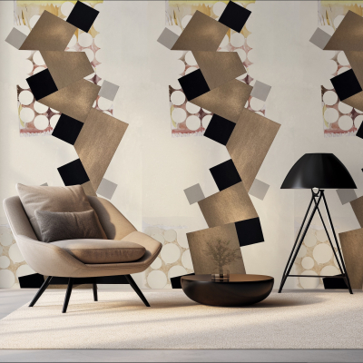 To create a modern living room with a focus on the **wallpaper**, look for designs that feature **abstract geometric patterns** in shades of **black, beige, and gold**. This combination adds both visual interest and sophistication to your space. The use of these specific colors - **black**, **beige**, and **gold** - ensures the wallpaper will coordinate seamlessly with elements like the beige armchair, brown cushions, and other furnishings while complementing the room's natural light.