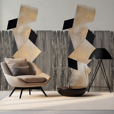 The wallpaper features an abstract wall design in neutral tones, with elements of beige, taupe, and soft gray. Geometric patterns and subtle texture add depth to the decor. Ideal to match with natural light from a large window.
