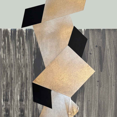 Abstract wallpaper featuring a stack of overlapping geometric shapes in gold, silver, and black tones. The background displays vertical gray and black streaks. The irregular, leaning tower-like structure captivates with its balance and complexity. Key elements: geometric shapes, gold tones, silver tones, black tones, vertical gray streaks, vertical black streaks.
