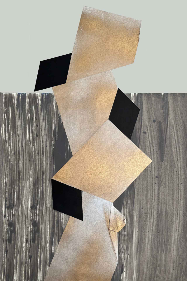 Abstract wallpaper featuring a stack of overlapping geometric shapes in gold, silver, and black tones. The background displays vertical gray and black streaks. The irregular, leaning tower-like structure captivates with its balance and complexity. Key elements: geometric shapes, gold tones, silver tones, black tones, vertical gray streaks, vertical black streaks.